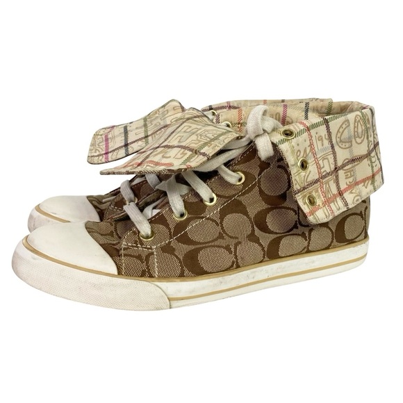 Coach Bonney High Top Sneakers Womens Size 9 Logo Jacquard Tan Brown Fold Down - Picture 6 of 13